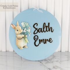 Tavşan Temalı Erkek Bebek Çikolatası, Mini Cam Kolonya, Metal Mum ve Kapı Süsü