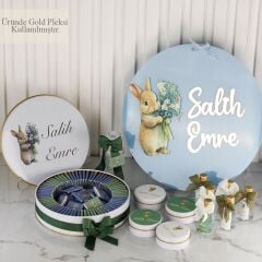 Tavşan Temalı Erkek Bebek Çikolatası, Mini Cam Kolonya, Metal Mum ve Kapı Süsü