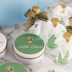 Tavşan Temalı Erkek Bebek Çikolatası, Mini Cam Kolonya, Metal Mum ve Kapı Süsü