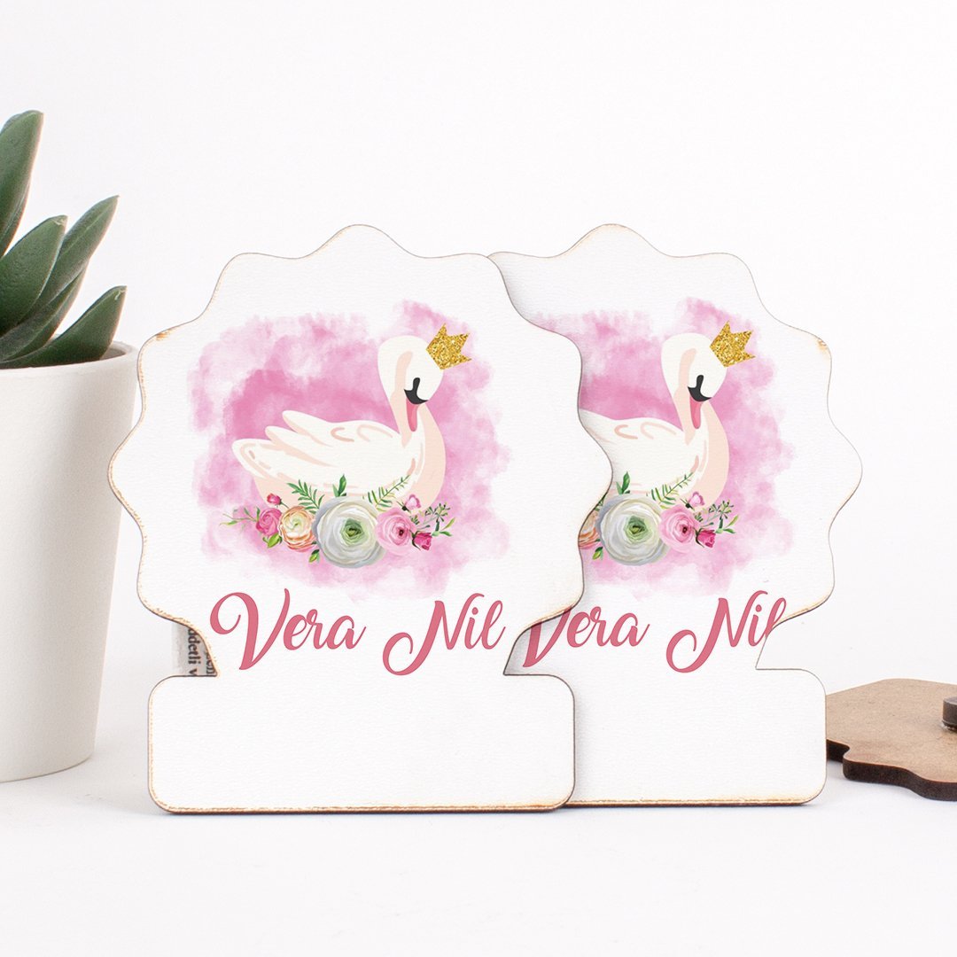 Kuğu Temalı Direkt Baskılı Ahşap Kız Bebek Magneti