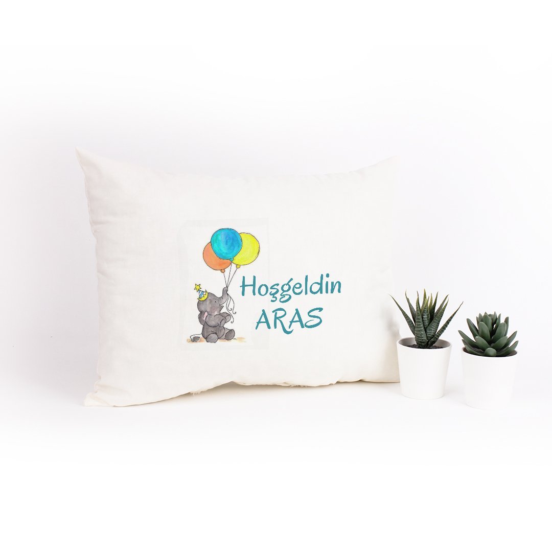 Fil  Temalı İsme Özel Erkek Bebek Takı Yastığı