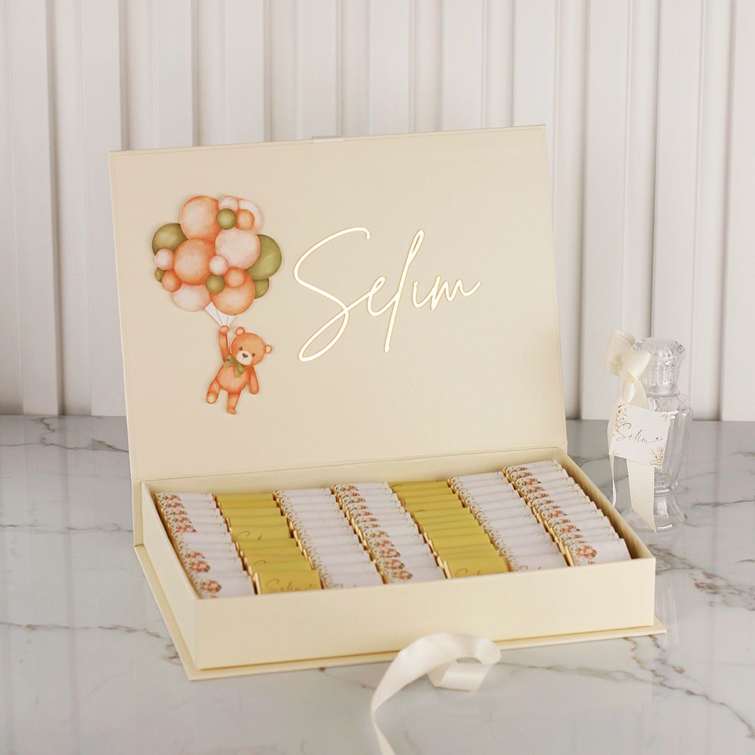 Ayıcık Temalı Dikdörtgen Kutuda Erkek Bebek Çikolatası