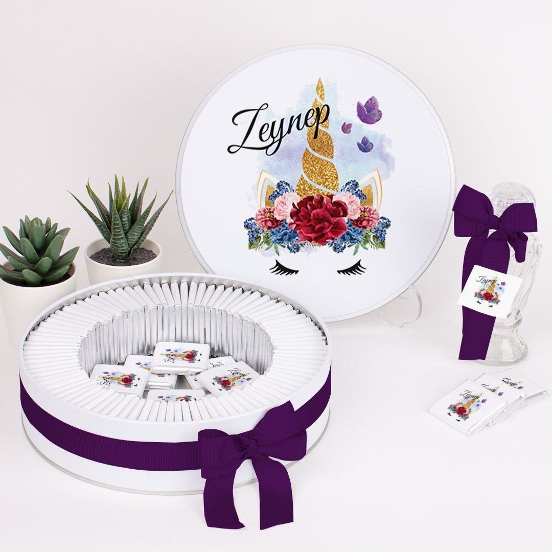 Unicorn Temalı Baskılı Metal Kutuda Kız Bebek Çikolatası
