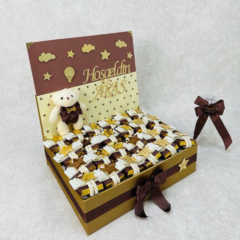 Ayıcık Temalı Standlı Kutuda Erkek Bebek Çikolatası