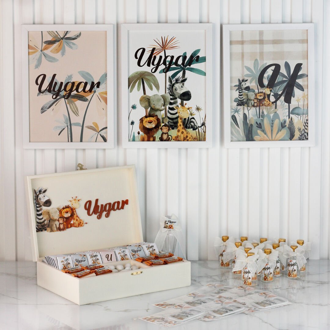 Safari Temalı Çikolata, Üçlü Çerçeve Seti, Mini Cam Kolonya, Kartlı Açacaklı Magnet
