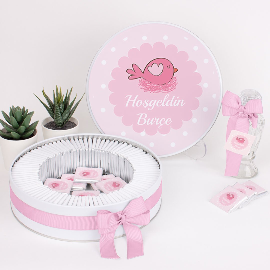 Kuş Temalı Baskılı Metal Kutuda Kız Bebek Çikolatası