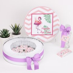 Flamingo Temalı Baskılı Metal Kutuda Kız Bebek Çikolatası