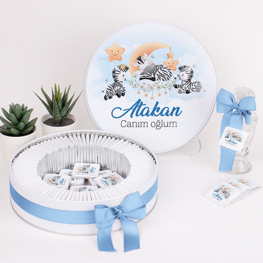 Hayvan Temalı Baskılı Metal Kutuda Erkek Bebek Çikolatası