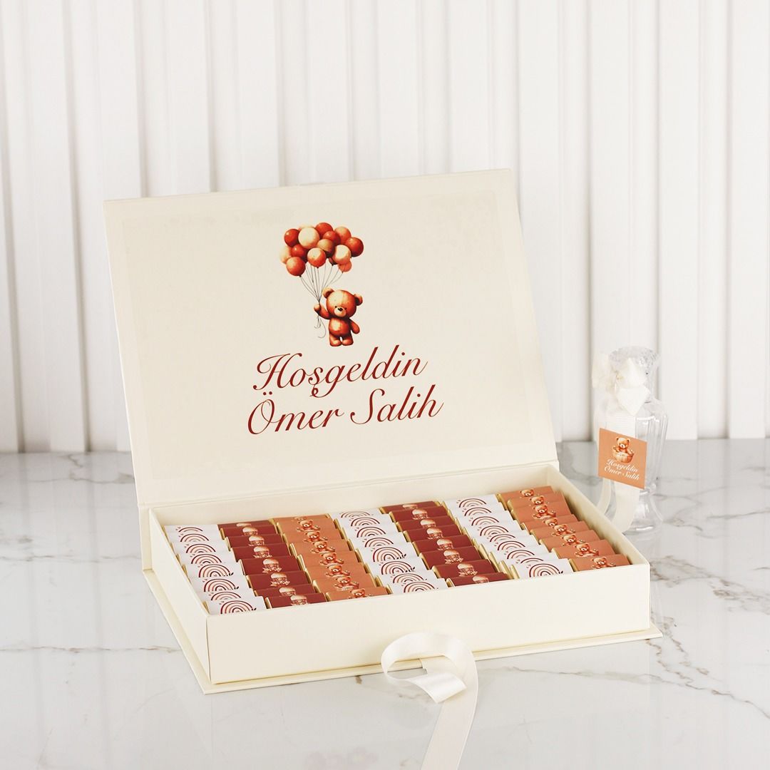 Ayıcık Temalı Dikdörtgen Kutuda Erkek Bebek Çikolatası