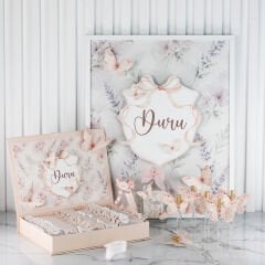 Kelebek Temalı Çikolata, Çerçeveli Kapı Süsü, Kolonya Şişesi ve  Kalem Kolonya