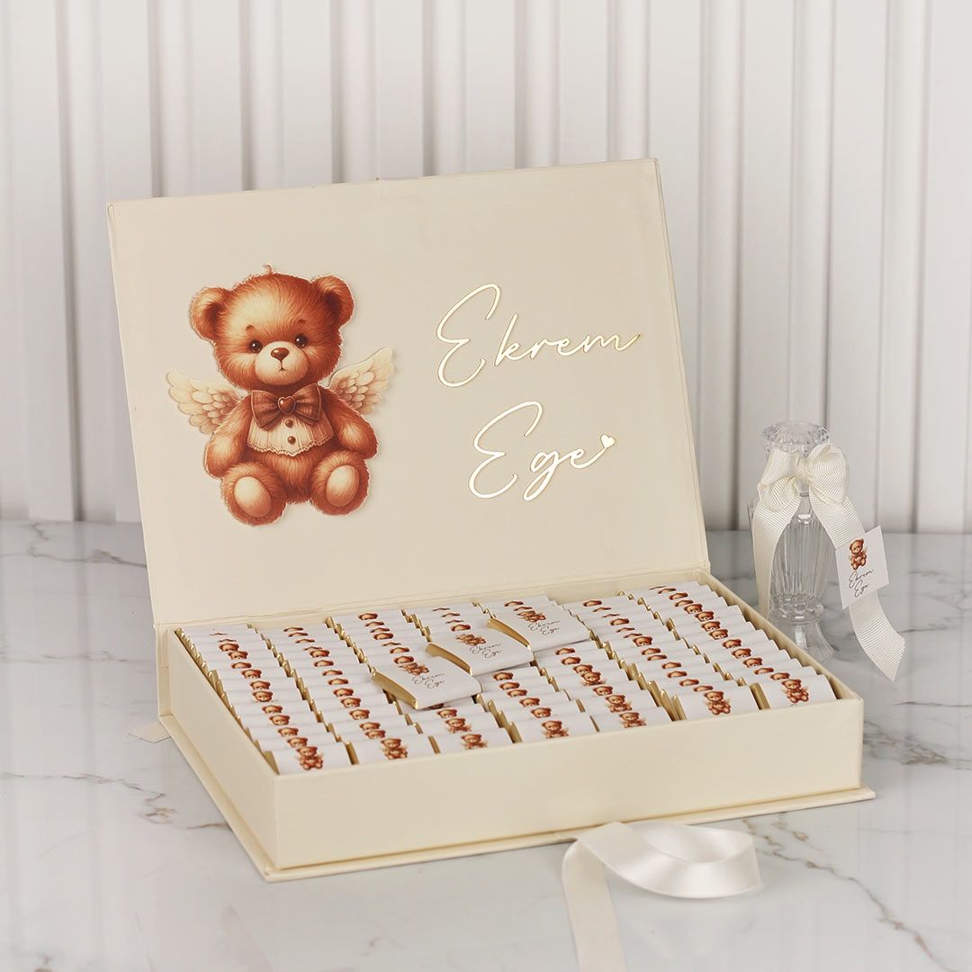Ayıcık Temalı Dikdörtgen Kutuda Erkek Bebek Çikolatası