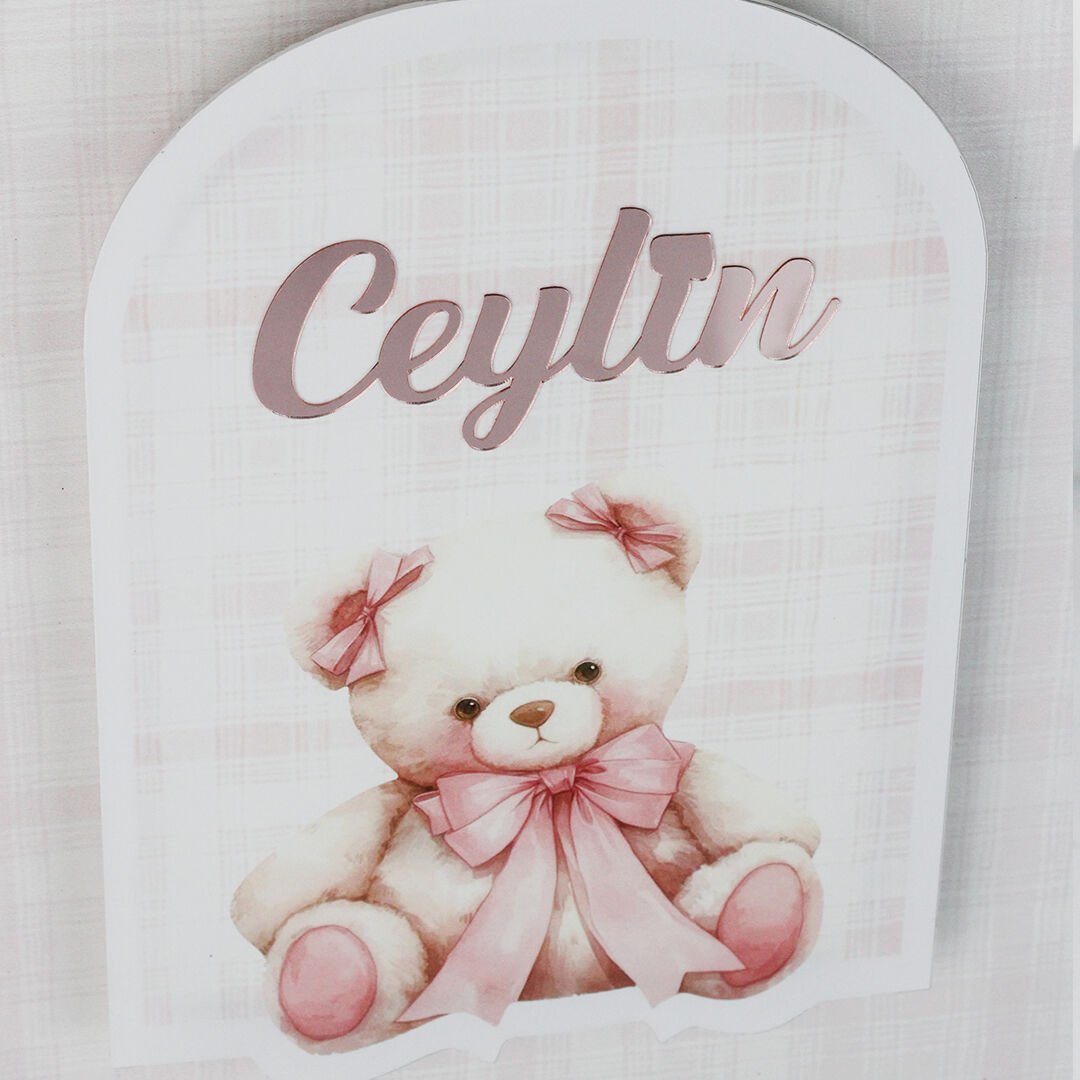 Ayıcık Temalı Ledli Çerçeveli Kız Bebek Kapı Süsü