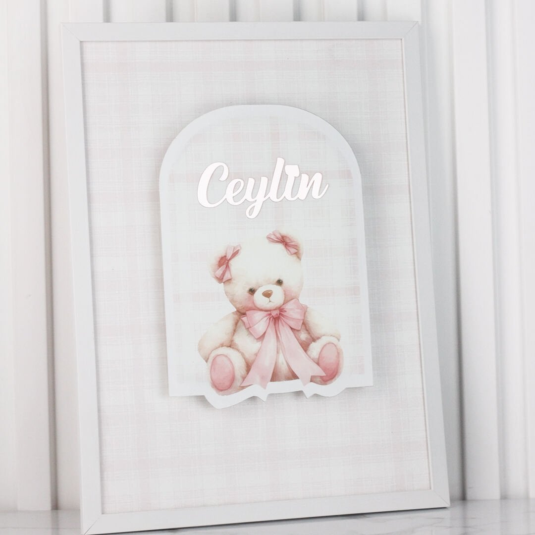 Ayıcık Temalı Ledli Çerçeveli Kız Bebek Kapı Süsü