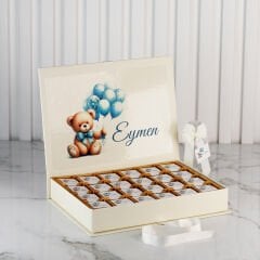 Ayıcık Temalı Dikdörtgen Kutuda Çikolata ve Mini Cam Kolonya Şişesi