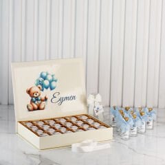 Ayıcık Temalı Dikdörtgen Kutuda Çikolata ve Mini Cam Kolonya Şişesi