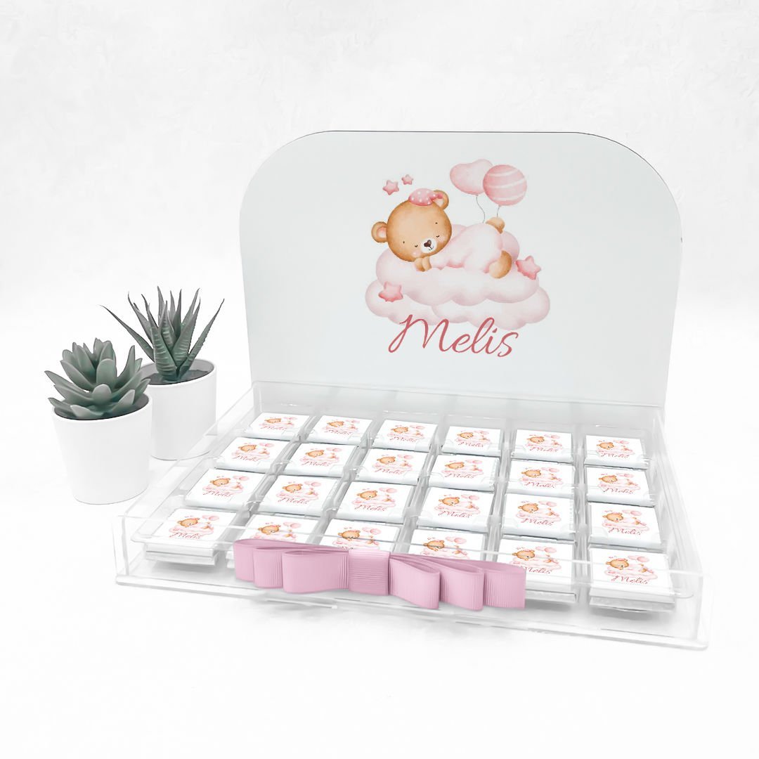 Ayıcık Temalı Pleksi Kutuda Kız  Bebek Çikolatası