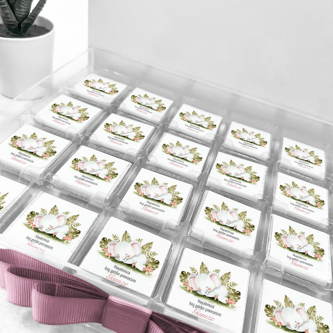 Fil Temalı Pleksi Kutuda Kız  Bebek Çikolatası