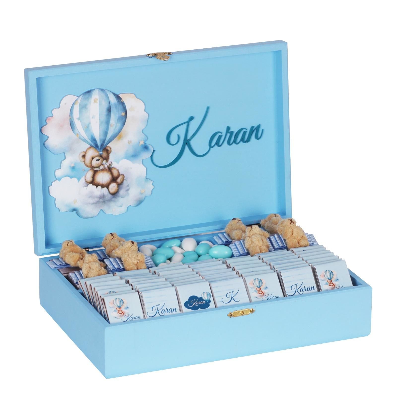 Ayıcık Temalı Ahşap Kutuda Erkek Bebek Çikolatası