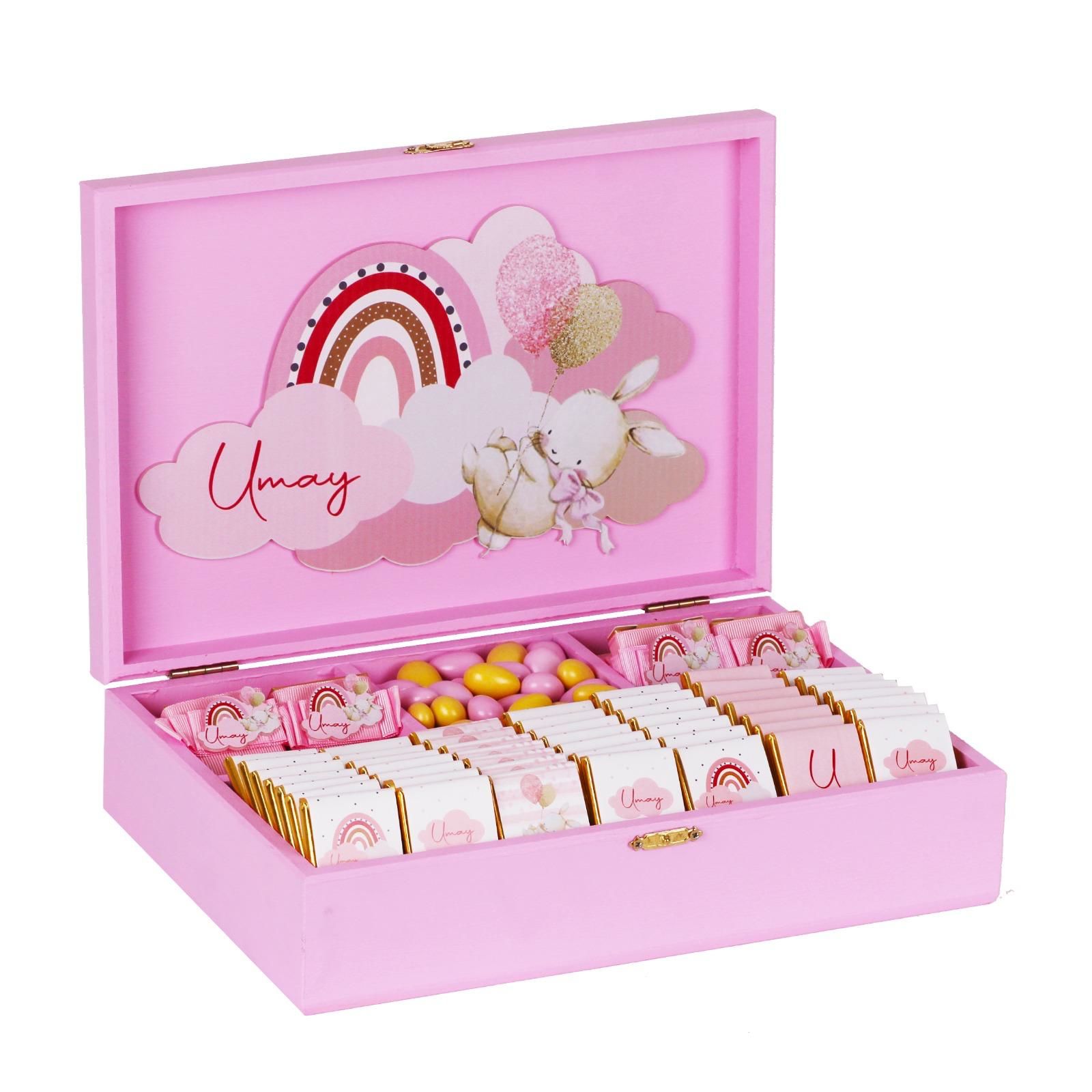 Tavşan Temalı Ahşap Kutuda Kız Bebek Çikolatası