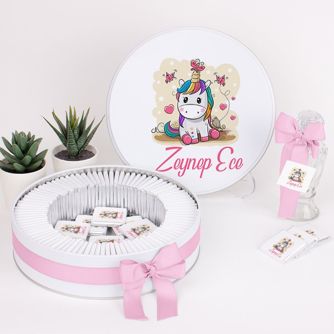 Unicorn Temalı Baskılı Metal Kutuda Kız Bebek Çikolatası