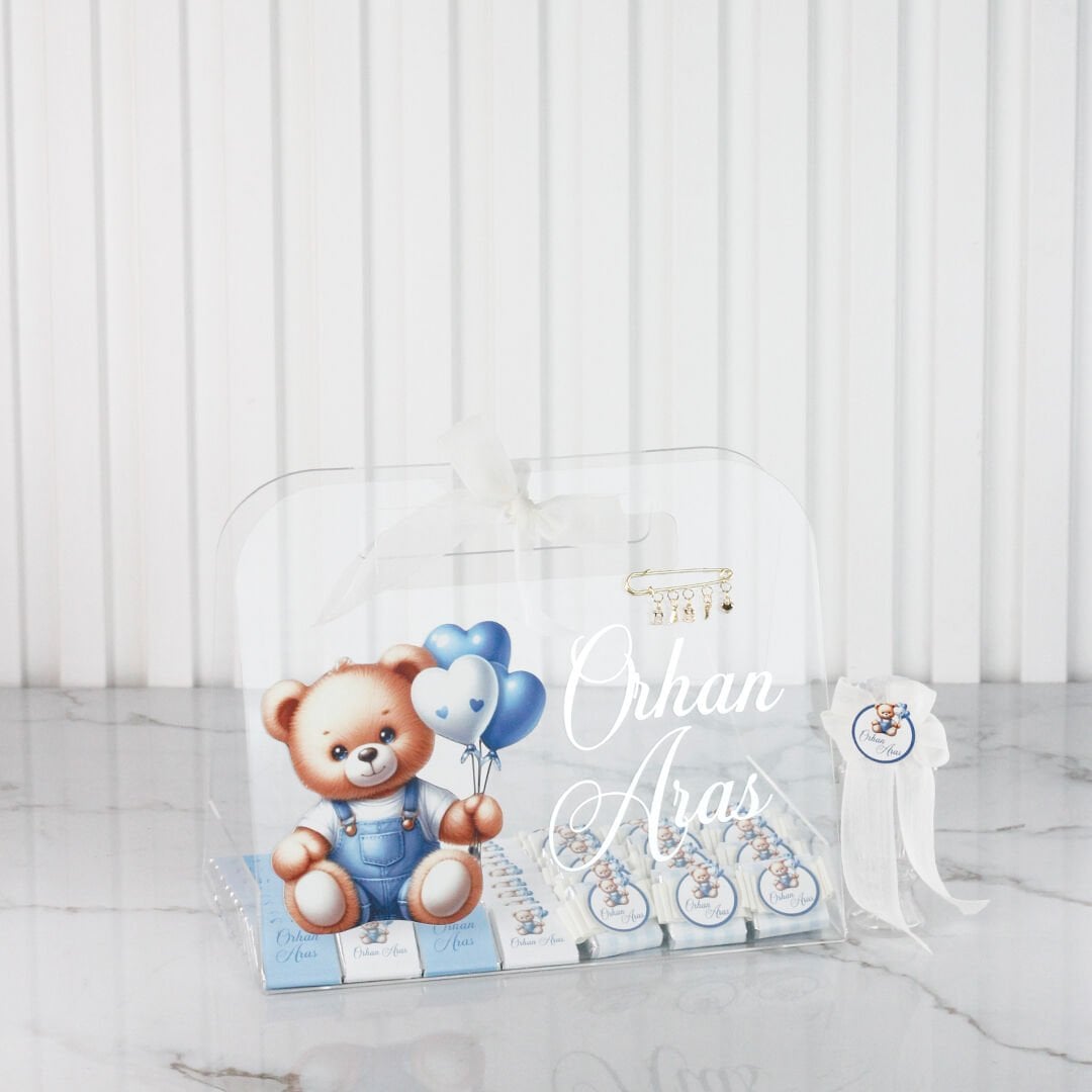 Ayıcık Temalı Pleksi Çanta İçinde Erkek Bebek Çikolatası