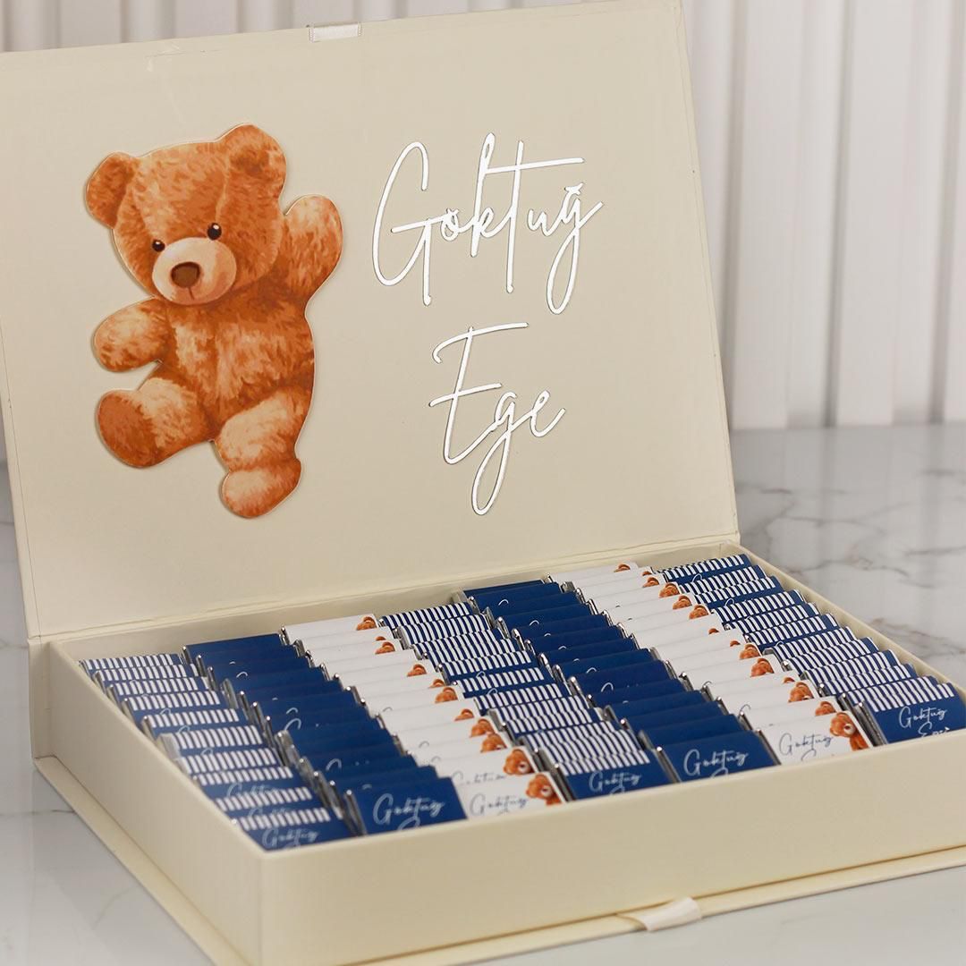 Ayıcık Temalı Dikdörtgen Kutuda Erkek Bebek Çikolatası