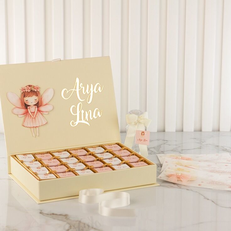 Peri Kızı Temalı Kız Bebek Çikolatası ve Kartlı Pleksi Magnet