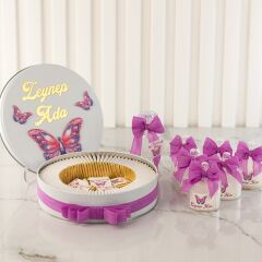 Kelebek Temalı Metal Kutuda Kız Bebek Çikolatası ve Mika Mum