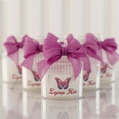 Kelebek Temalı Metal Kutuda Kız Bebek Çikolatası ve Mika Mum