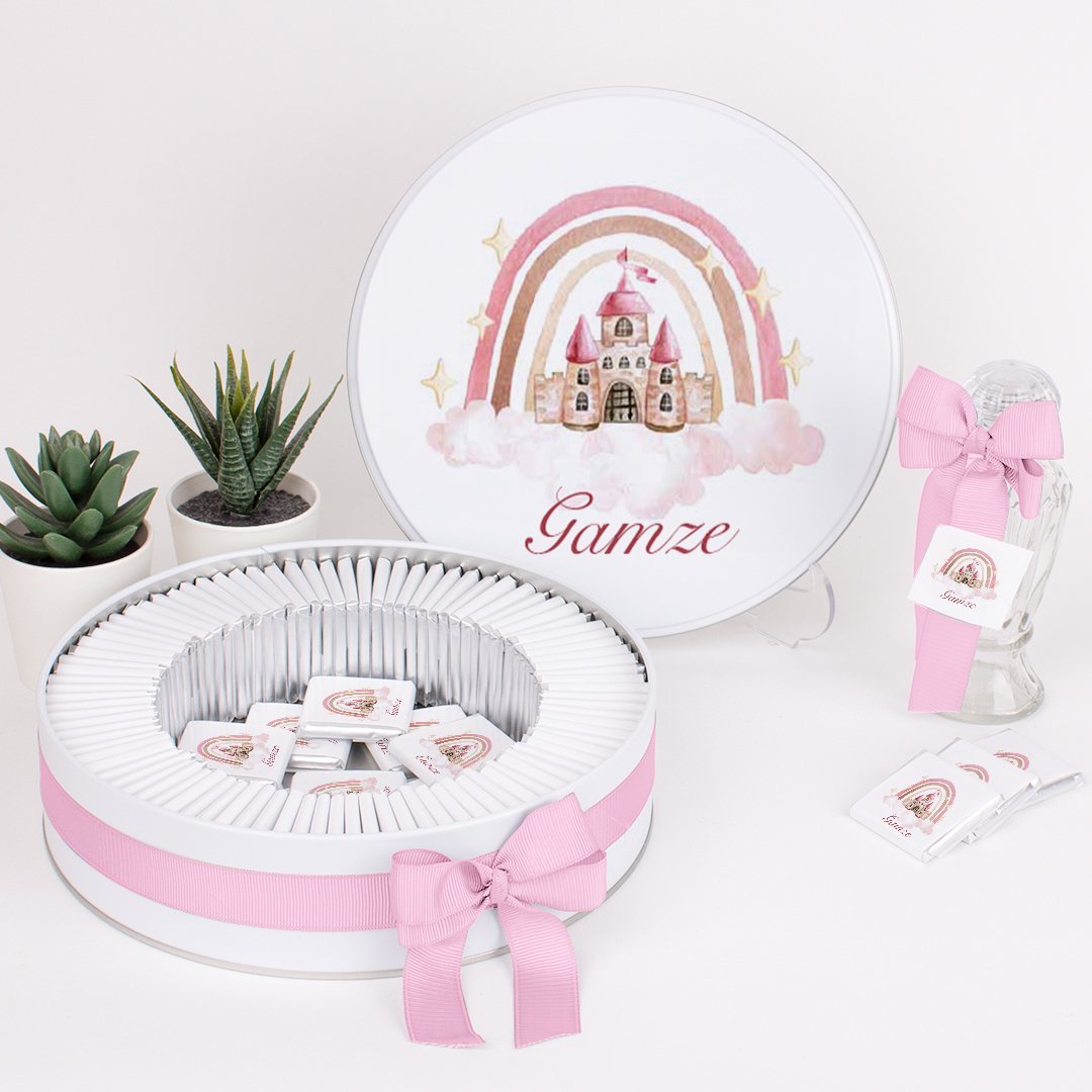 Gökkuşağı Temalı Baskılı Metal Kutuda Kız Bebek Çikolatası