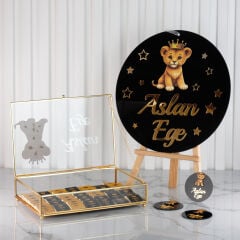 Aslan Temalı Cam Kutuda Çikolata, Şeffaf Pleksi Kapı Süsü ve Şeffaf Pleksi Magnet Seti
