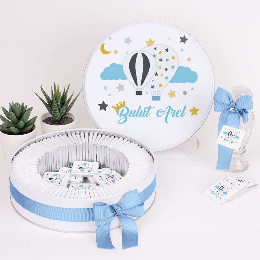 Balon Temalı Baskılı Metal Kutuda Erkek Bebek Çikolatası