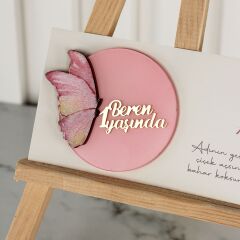 Kelebek Temalı Kız Bebek Kartlı Pleksi Magnet ve Mika Mum