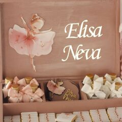 Balerin Temalı Ahşap Kutuda Çikolata, Mini Kolonya Şişesi, Pleksi Magnet ve Takı Yastığı