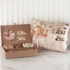 Balerin Temalı Ahşap Kutuda Çikolata, Mini Kolonya Şişesi, Pleksi Magnet ve Takı Yastığı