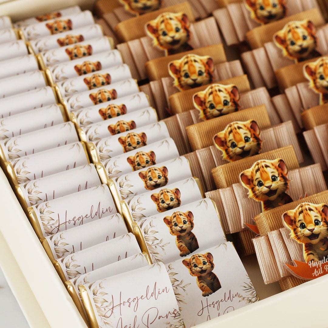 Kaplan Temalı Dikdörtgen Kutuda Erkek Bebek Çikolatası