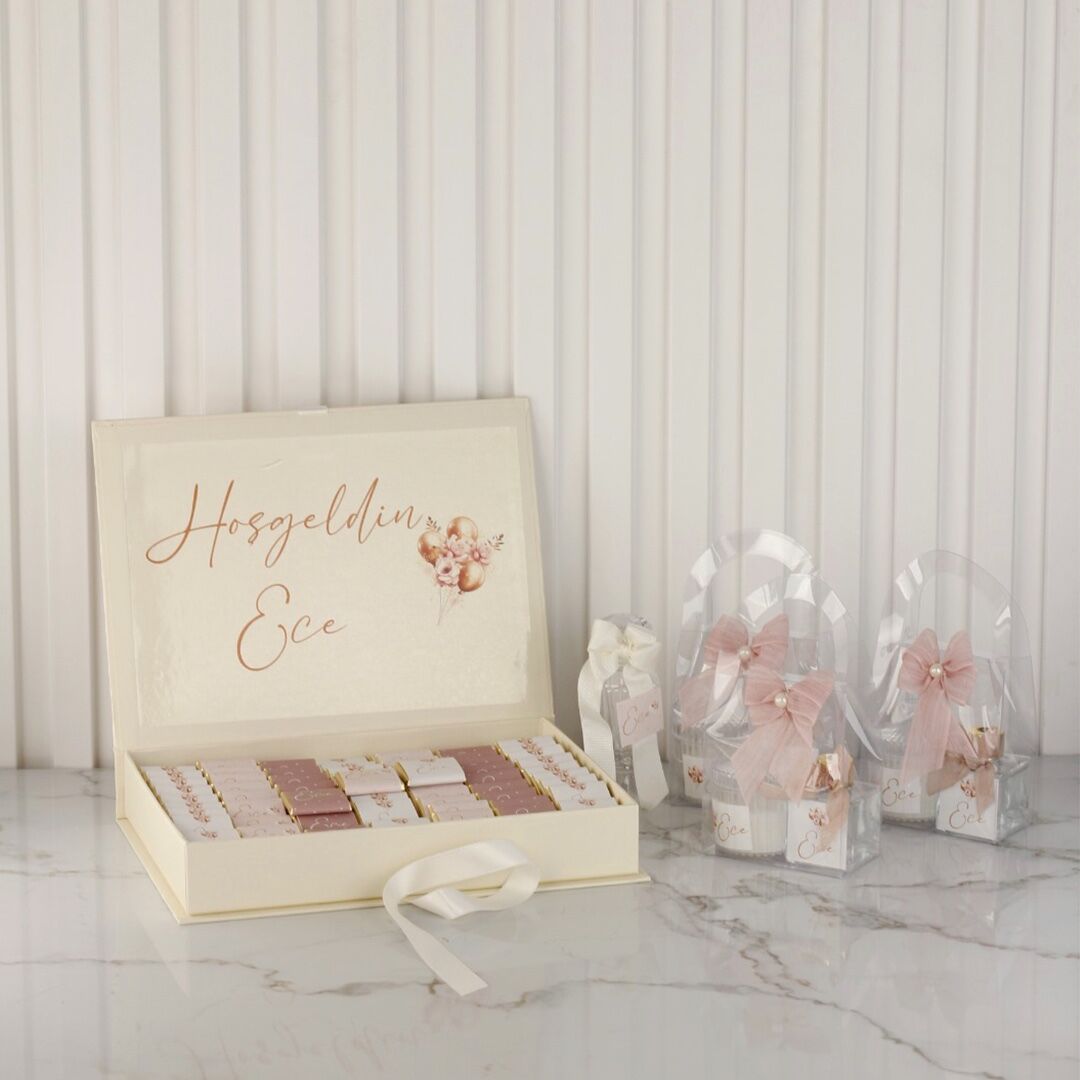 Balon Temalı Kutuda Çikolata ve Asetat Çanta İçinde Oda Kokusu ve Mika Mum Seti